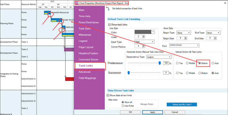 Editing Task Links with the Chart Properties Form for OnePager Pro for ...